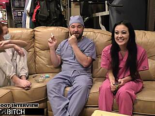 Dominant nurse Blaire Celeste in latex gloves blasts slave's mouth with huge cum load during intense bondage session.