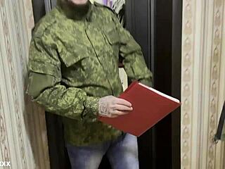 Russian soldier fucks a lonely wife in pussy and ass with creampie