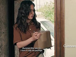 Watch out! Tiny lesbian straps on a cock and pounds that dainty delivery girl's shaved wet cunt hard!