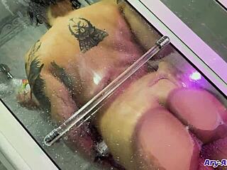 Lovely Latina lesbian couple licks wet pussy and uses strapon toys for intense sex in shower and jacuzzi