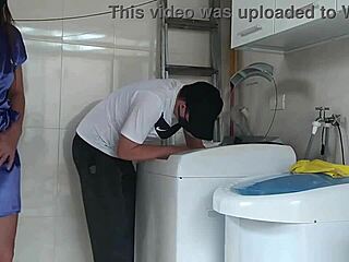 Hey technician, come fix my washing machine while I tease you with my curvy wet body outdoors.