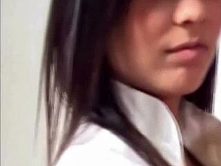 Brunette babe puts on cute little PVC nurse uniform with lingerie and panties for hospital patient tease