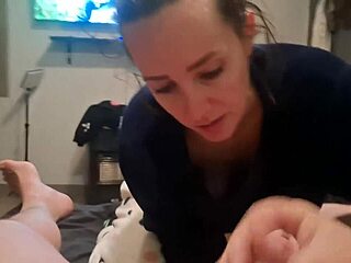 i'm swallowing cum after this delicious blowjob from skinny amateur babe on the bed with sloppy mouthful action