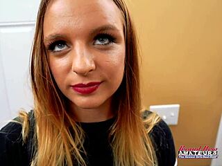 SKINNY BRUNETTE Stella 2 MASTURBATES then SUCKS hard big boner for CUM lunch.