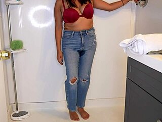 Latina gets pants and panties wet then strips for shower time