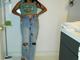 Latina gets pants and panties wet then strips for shower time