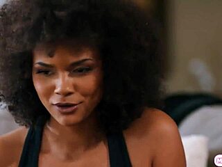 Ebony babe enjoys lesbian threesome with bff and roommate licking natural tits and scissoring interracial style