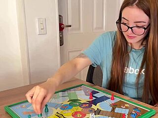 Surprising game night with cute Alicia Hall turns into teasing handjob and sloppy blowjob with cum swallow