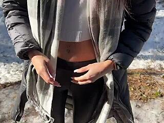 teen gets passionate outdoor sex in snowy winter forest with creampie finish