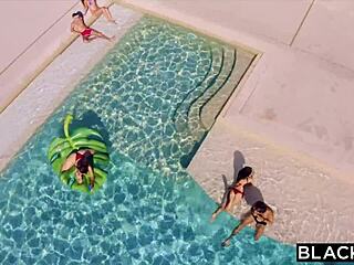 I dive into secret pool sex with a huge BBC, riding and sucking in interracial passion.