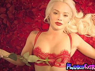 Petite blonde teen Elsa Jean stripping lingerie and posing naked with red petals in softcore solo