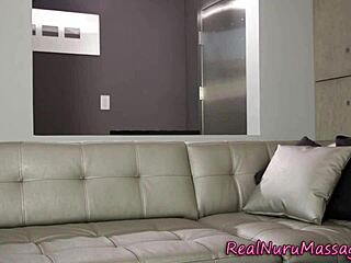 Why does bathing Asian masseuse handle big cock with nuru massage and blowjob?