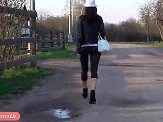 Jeny Smith boldly flashes cameltoe in see-through yoga pants outdoors