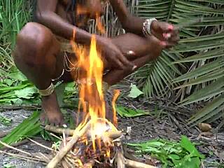 Oh Wow! Hot African Native Woman Cooks Naked In Jungle With Tits Exposed!