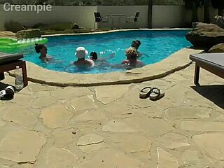 Wild orgy in the swimming pool with big tits pornstars ripping clothes for bareback fucking!