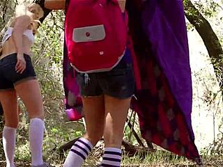 Adorable pornstars get wet and horny in steamy outdoor lesbian licking action