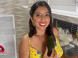 Fetish masturbation with big cucumber for American lover.