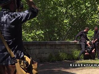 Spanish Hottie, Bound and Gangbanged in Public Outdoor Action!