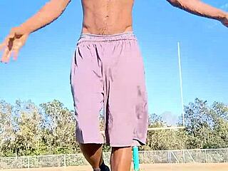 in the dorm room, this athletic brunette roommate teases with a sexy solo workout session