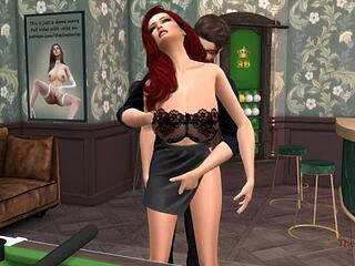 Busty redhead enjoys intense game on the billiard table with friends