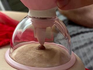 Brunette babe with big natural tits gets nipples licked sweetly by vacuum tongue close up