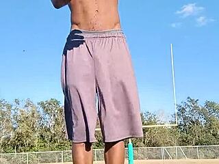 in the dorm room, this athletic brunette roommate teases with a sexy solo workout session