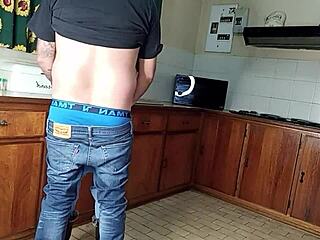 Amateur couple enjoys quickie kitchen fuck with standing sex and wet shaved pussy.