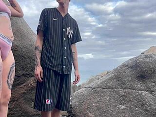 Blonde alternative teen with pierced nipples and tattoo gets clothes ripped for barefoot beach sex with muscular stranger in Floripa