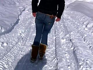 on our ski vacation i enjoy the snow with a fun striptease outdoors
