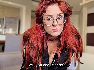 Redhead babe shows off big natural tits while teaching handjob tricks with wet pov blowjob for cum swallow.