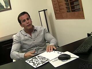 brunette office slut slurps big cock through gloryhole roughly