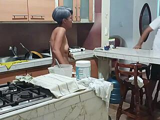 sexy latina housewife dances semi-naked in kitchen before creampie