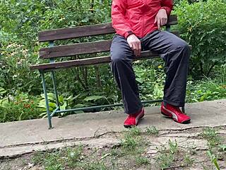 kinky wife milf jerks huge cock cumshot public park bench fetish