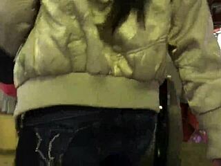 Wow jacket boots ass hidden on crowded train!