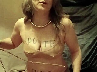 Bound housewife humiliates herself with dildo pins outdoors?