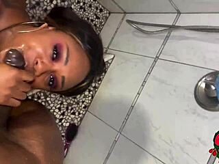 Hot Chocolate Babe Worships Ass In Shower!