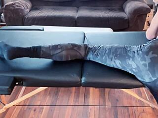 stretching in tight compression pants on massage table