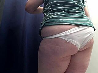 Chubby milf's big ass squeezes into tight leggings closeup!