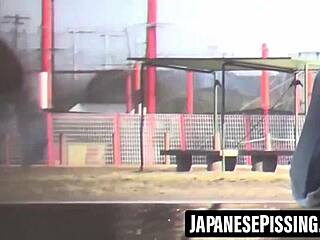 Cute Japanese babe pees hairy pussy hard on bathroom floor then cleans up