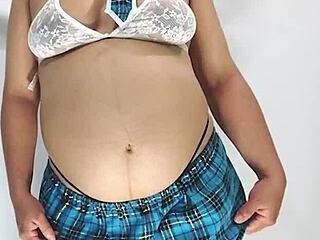 Pregnant Latina milf's big natural tits tease in lingerie before hard fuck