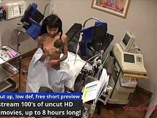 Tattooed Eliza Shields Spreads Shaved Pussy in Latex Exam