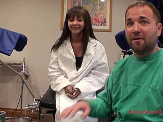 Tattooed Eliza Shields Spreads Shaved Pussy in Latex Exam