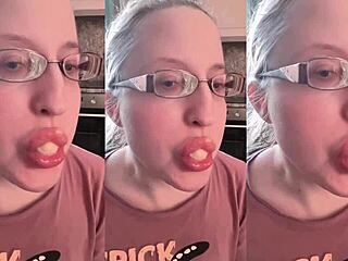asmr girl chews huge bubble gum with glasses tease