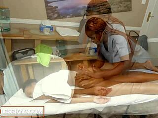 Black lesbian babe oils massive tits for fingering fun