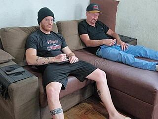 Daddy's monster cock throbs as we stroke bareback together in hot gay masturbation frenzy!