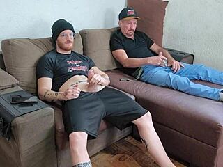 Daddy's monster cock throbs as we stroke bareback together in hot gay masturbation frenzy!