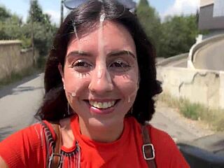 public bushes blowjob ends crazy cumwalk facial covered stranger cum