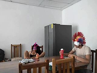 Housemaid Sensually Gropes Natural Tits and Flirts with Dildo for Blind Man