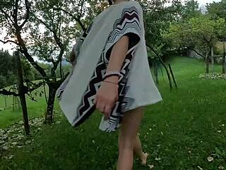 Excited Brunette Strips Outdoors Teasing Wet Pussy Cameltoe