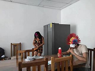 Housemaid Sensually Gropes Natural Tits and Flirts with Dildo for Blind Man